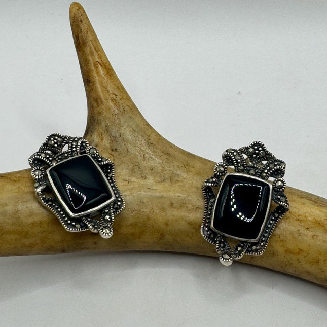 Vintage Silver Marcasite Earrings Blue Iolite Deco | 925 Sterling Silver Stud Earrings | Minimalist Everyday