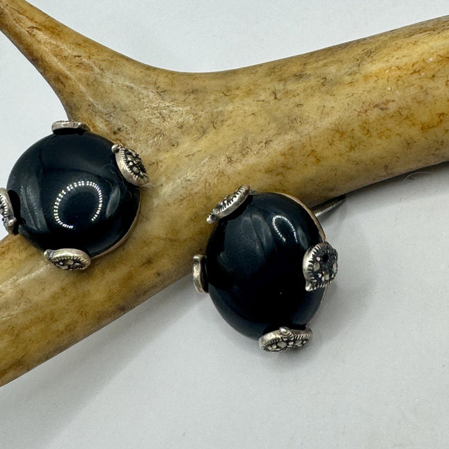 Vintage Silver Marcasite Earrings Black Onyx Deco | 925 Sterling Silver Stud Earrings | Minimalist Everyday