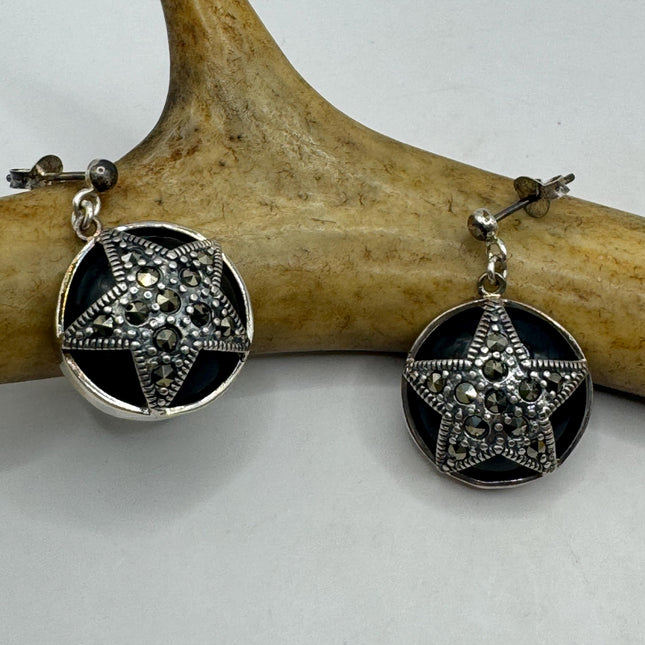 Vintage Black Onyx Silver Marcasite Earrings Black Onyx Deco | 925 Sterling Silver pentagram star Earrings | Minimalist Everyday