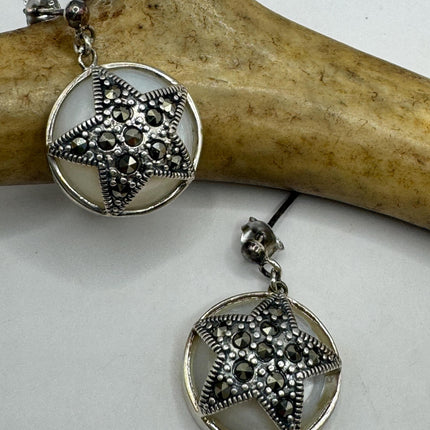 Vintage White mother of Pearl Silver Marcasite Earrings Black Onyx Deco | 925 Sterling Silver pentagram star Earrings | Minimalist Everyday