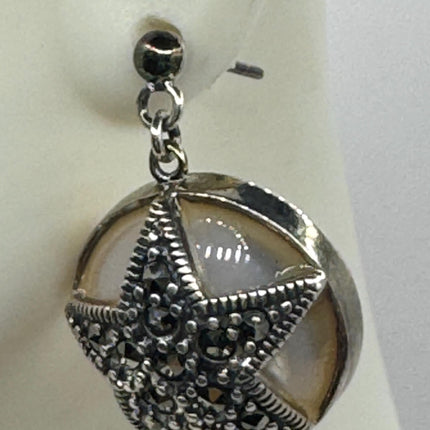Vintage White mother of Pearl Silver Marcasite Earrings Black Onyx Deco | 925 Sterling Silver pentagram star Earrings | Minimalist Everyday