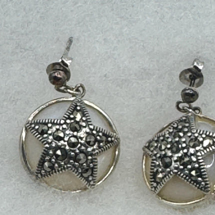 Vintage White mother of Pearl Silver Marcasite Earrings Black Onyx Deco | 925 Sterling Silver pentagram star Earrings | Minimalist Everyday