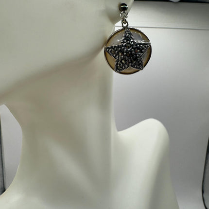 Vintage White mother of Pearl Silver Marcasite Earrings Black Onyx Deco | 925 Sterling Silver pentagram star Earrings | Minimalist Everyday