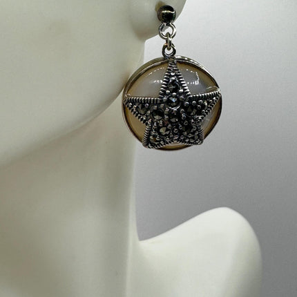 Vintage White mother of Pearl Silver Marcasite Earrings Black Onyx Deco | 925 Sterling Silver pentagram star Earrings | Minimalist Everyday