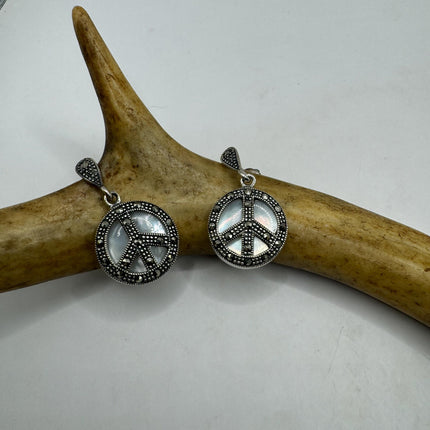 Vintage White mother of Pearl peace sign Silver Marcasite Earrings Black Onyx Deco | 925 Sterling Silver Earrings | Minimalist Everyday