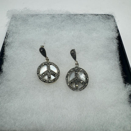 Vintage White mother of Pearl peace sign Silver Marcasite Earrings Black Onyx Deco | 925 Sterling Silver Earrings | Minimalist Everyday