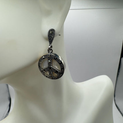Vintage White mother of Pearl peace sign Silver Marcasite Earrings Black Onyx Deco | 925 Sterling Silver Earrings | Minimalist Everyday