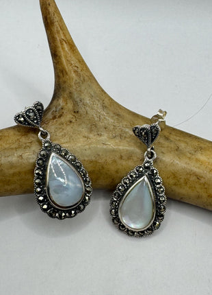 Vintage White mother of Pearl Silver Marcasite Earrings Deco | 925 Sterling Silver Earrings | Minimalist Everyday