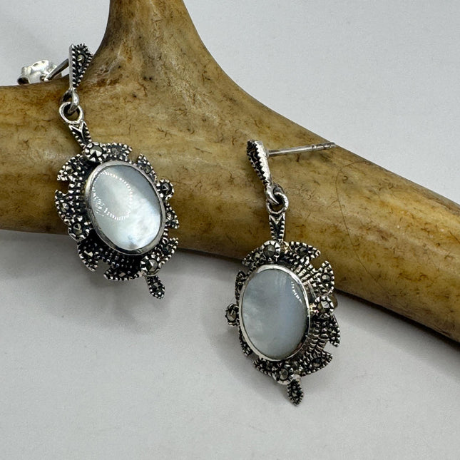 Vintage White mother of Pearl Silver Marcasite Earrings Deco | 925 Sterling Silver Earrings | Minimalist Everyday