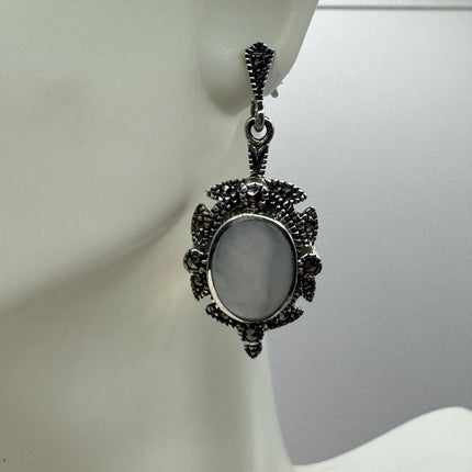 Vintage White mother of Pearl Silver Marcasite Earrings Deco | 925 Sterling Silver Earrings | Minimalist Everyday