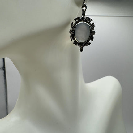 Vintage White mother of Pearl Silver Marcasite Earrings Deco | 925 Sterling Silver Earrings | Minimalist Everyday