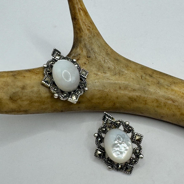 Vintage White mother of Pearl Silver Marcasite Earrings Deco | 925 Sterling Silver Earrings | Minimalist Everyday