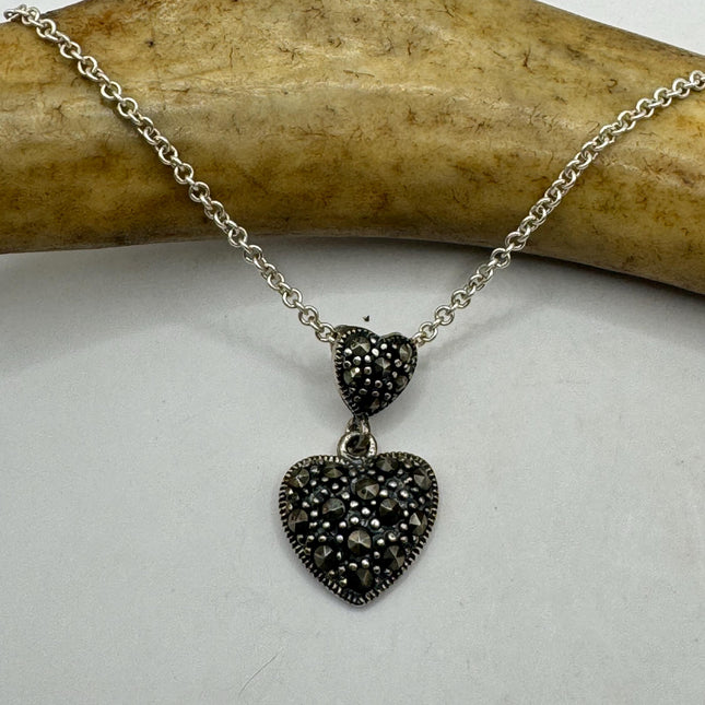 Vintage Floating Marcasite Heart Necklace Dainty 925 Sterling Silver Chain, Delicate Design