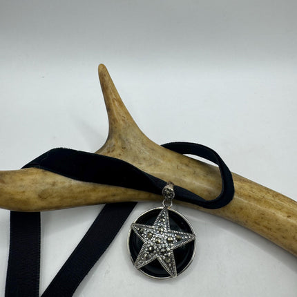 vintage pentagram Star Black Onyx star marcasite Pendant Ribbon Choker Necklace | 925 Sterling Silver Necklace