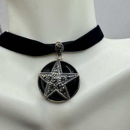 vintage pentagram Star Black Onyx star marcasite Pendant Ribbon Choker Necklace | 925 Sterling Silver Necklace