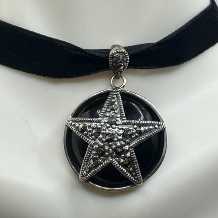 vintage pentagram Star Black Onyx star marcasite Pendant Ribbon Choker Necklace | 925 Sterling Silver Necklace