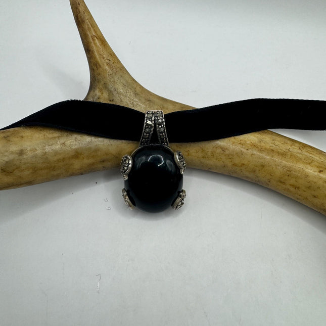 vintage Black Onyx star marcasite Pendant Ribbon Choker Necklace | 925 Sterling Silver Necklace