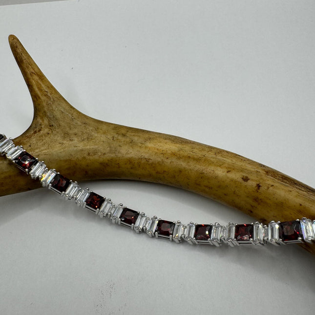 Vintage Silver Tennis Bracelet | Garnet Crystal Diamond Cubic Zirconia | 925 Sterling Silver
