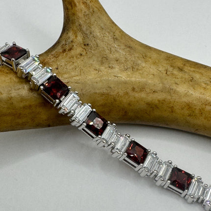 Vintage Silver Tennis Bracelet | Garnet Crystal Diamond Cubic Zirconia | 925 Sterling Silver
