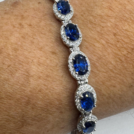 Vintage Silver Tennis Bracelet | Blue Sapphire Crystal Diamond Cubic Zirconia | 925 Sterling Silver