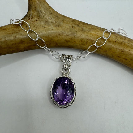 Vintage Necklace | Purple Amethyst Gemstone Dainty 925 Sterling Silver Chain Necklace | Minimalist Style Crystal
