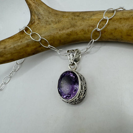 Vintage Necklace | Purple Amethyst Gemstone Dainty 925 Sterling Silver Chain Necklace | Minimalist Style Crystal