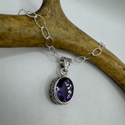 Vintage Necklace | Purple Amethyst Gemstone Dainty 925 Sterling Silver Chain Necklace | Minimalist Style Crystal