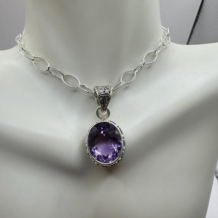 Vintage Necklace | Purple Amethyst Gemstone Dainty 925 Sterling Silver Chain Necklace | Minimalist Style Crystal