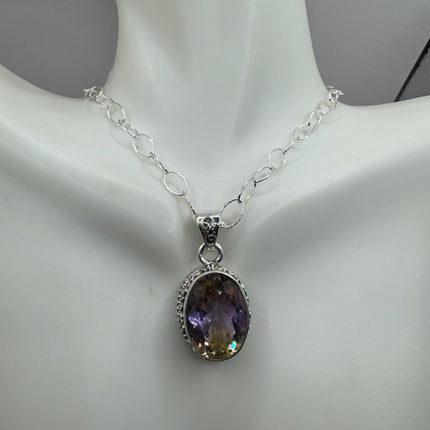 Vintage Necklace | Purple Ametrine Gemstone Dainty 925 Sterling Silver Chain Necklace | Minimalist Style Crystal
