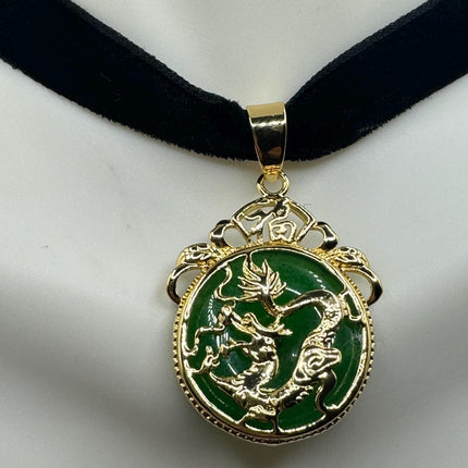 Vintage Green Jade Deco Dragon Necklace Black Velvet Choker mGolden Bronze