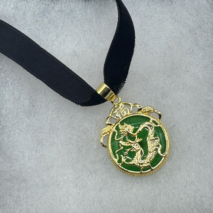 Vintage Green Jade Deco Dragon Necklace Black Velvet Choker mGolden Bronze