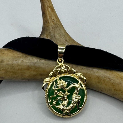 Vintage Green Jade Deco Dragon Necklace Black Velvet Choker mGolden Bronze