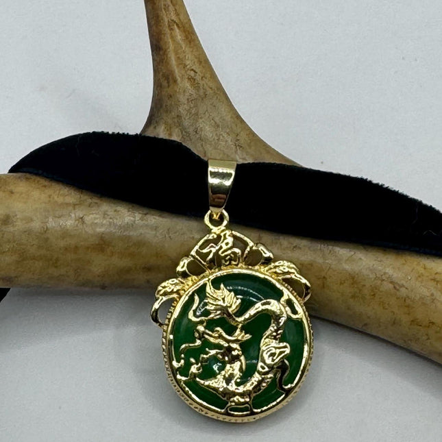 Vintage Green Jade Deco Dragon Necklace Black Velvet Choker mGolden Bronze