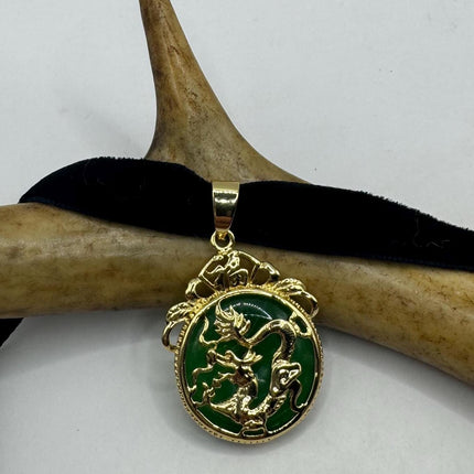 Vintage Green Jade Deco Dragon Necklace Black Velvet Choker mGolden Bronze