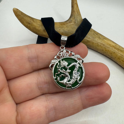 Vintage Green Jade Deco Dragon Necklace Black Velvet Choker Silver Bronze