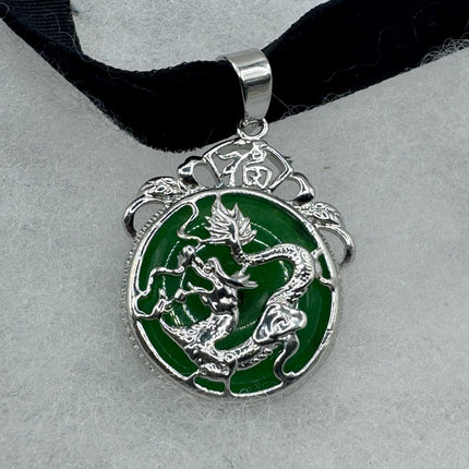 Vintage Green Jade Deco Dragon Necklace Black Velvet Choker Silver Bronze