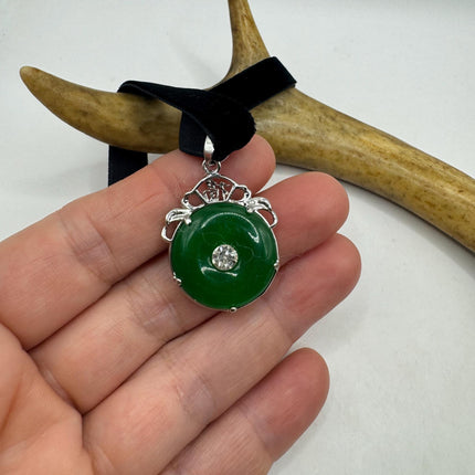 Vintage Green Jade Deco Dragon Necklace Black Velvet Choker Silver Bronze