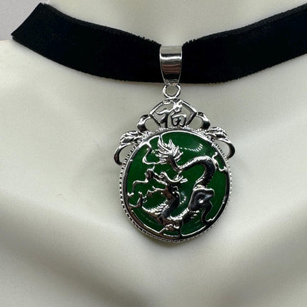 Vintage Green Jade Deco Dragon Necklace Black Velvet Choker Silver Bronze