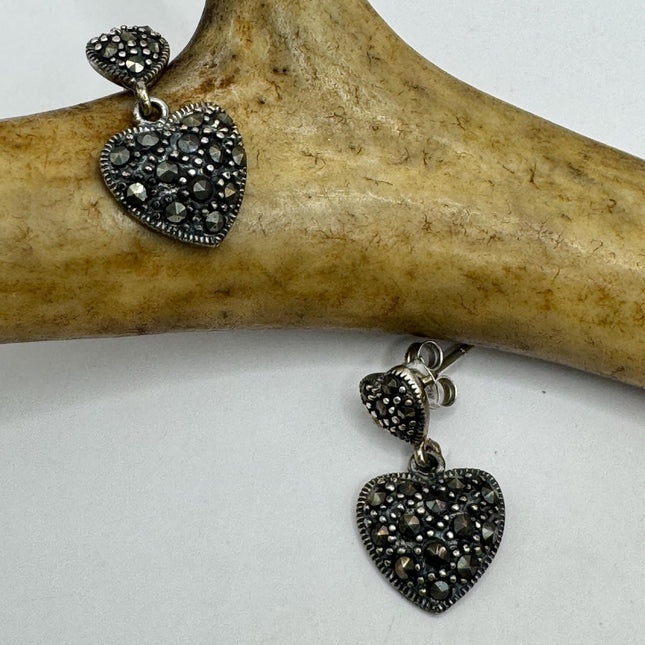 Vintage marcasite Tiny Silver Earrings | Mini Heart | 925 Sterling Silver Dainty Dangle Earrings | Minimalist Everyday Jewelry