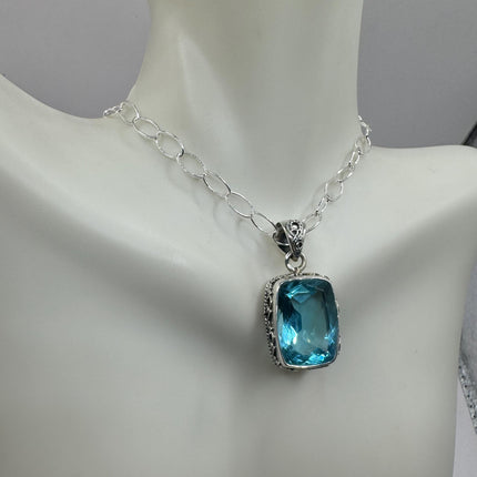 Vintage Blue topaz Necklace 925 Sterling Silver Chain Necklace | Minimalist Style Crystal