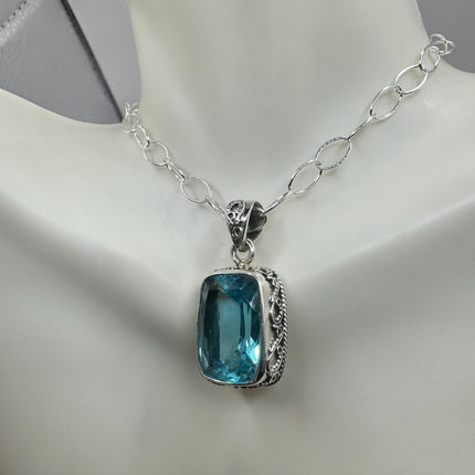 Vintage Blue topaz Necklace 925 Sterling Silver Chain Necklace | Minimalist Style Crystal