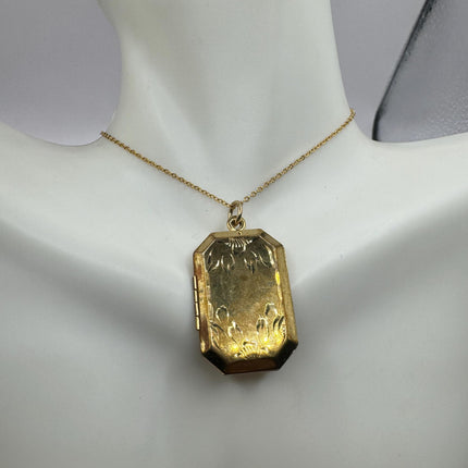 Vintage Gold Locket | Tiny 9k Gold Filled Heart Pendant Photo Memory Charm Engraved Flowers | Golden 925 Sterling Silver Chain Necklace
