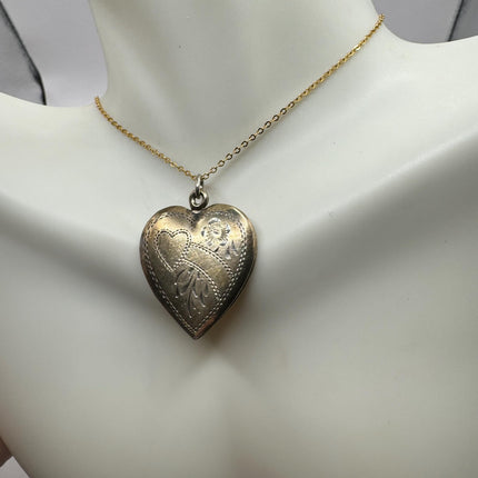 Vintage Gold Locket | Tiny 9k Gold Filled Heart Pendant Photo Memory Charm Engraved Mom and Roses | Gold 925 Sterling Silver Chain Necklace