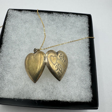 Vintage Gold Locket | Tiny 9k Gold Filled Heart Pendant Photo Memory Charm Engraved Mom and Roses | Gold 925 Sterling Silver Chain Necklace