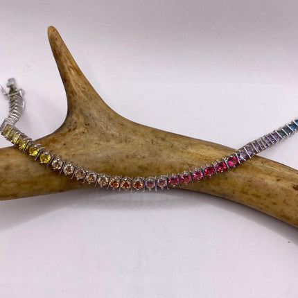 Vintage Silver Tennis Bracelet | CZ Crystal Rainbow 925 Sterling Silver Bracelet | Elegant Everyday Wedding or Prom