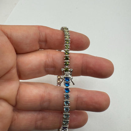 Vintage Silver Tennis Bracelet | CZ Crystal Rainbow 925 Sterling Silver Bracelet | Elegant Everyday Wedding or Prom