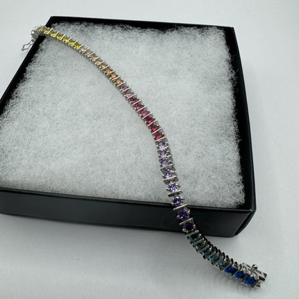 Vintage Silver Tennis Bracelet | CZ Crystal Rainbow 925 Sterling Silver Bracelet | Elegant Everyday Wedding or Prom