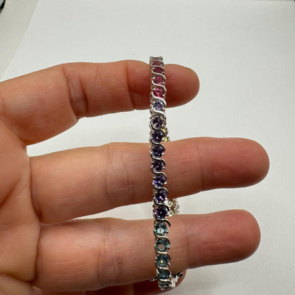 Vintage Silver Tennis Bracelet | CZ Crystal Rainbow 925 Sterling Silver Bracelet | Elegant Everyday Wedding or Prom