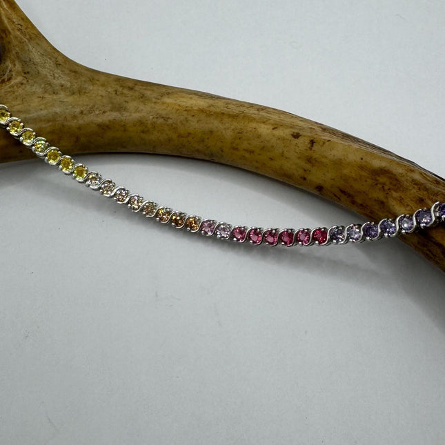 Vintage Silver Tennis Bracelet | CZ Crystal Rainbow 925 Sterling Silver Bracelet | Elegant Everyday Wedding or Prom