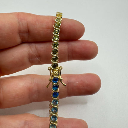 Vintage Gold Rainbow Gemstone Tennis Bracelet | CZ Crystal Rainbow 925 Sterling Silver Bracelet | Elegant Everyday Wedding or Prom